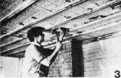 3. Locate the center of the ceiling, strike a chalk line perpendicular to the ceiling beams. This insures that the furring will be nailed into the beams. Working out from this line, snap chalk lines at 12-inch intervals. Place the edge of the furring strip along each line and areas by inserting shims between the furring strips and the ceiling. If ceiling is level, we find that plywooding the whole ceiling is not only easier but lowers the ceiling less (3/8” or 1/2” is fine). &nbsp;